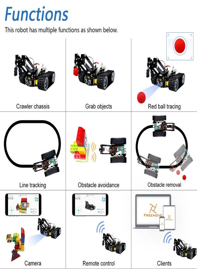 Freenove Tank Robot Kit for Raspberry Pi 5 4 B 3 B+ Zero 2 W, Crawler Chassis, Grab Objects, Ball Tracing, Line Tracking, Obstacle Avoidance, App Control, Camera, Servo (Raspberry Pi NOT Included) - Image 4